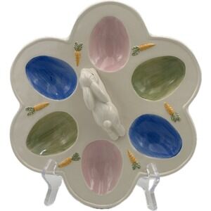 Ceramic Deviled Egg Plate Easter Bunny Rabbit Figural Platter Pastel Colors Core